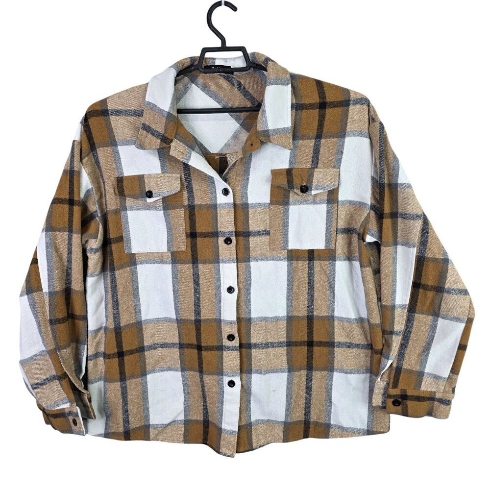 Mens Automet Brown White Plaid Shirt Button Up Long Sleeve Nylon Stretch 2XL